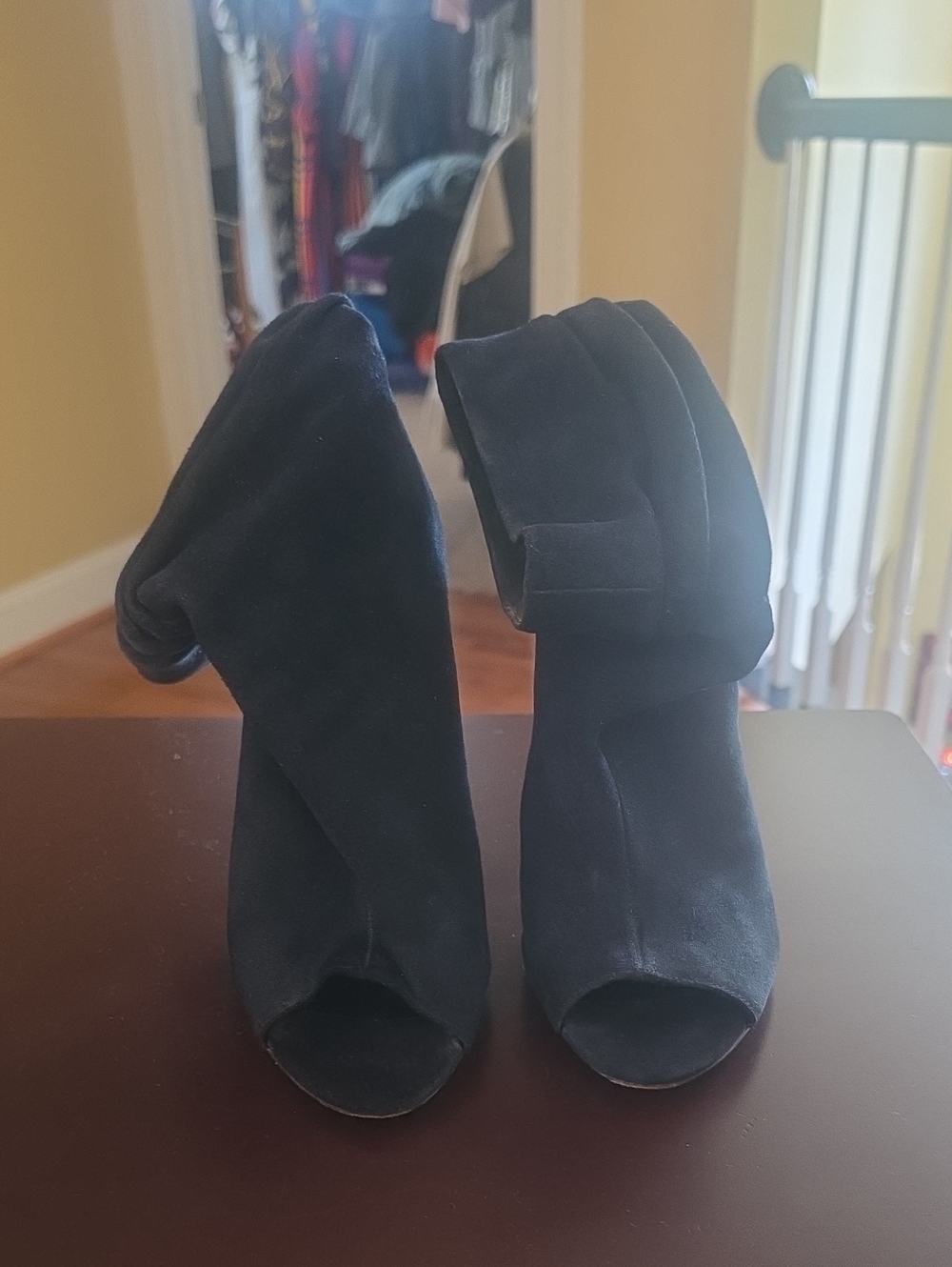 Halston Heritage Navy Blue Suede Folded Cuff Peep-Toe Heeled Boots